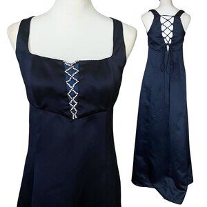 Vintage Y2K Blue Satin Rhinestone Princess Prom Dress. Small. Romantic Gothic